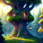 Magical treehouse in ancient tree with lanterns & spiral staircase