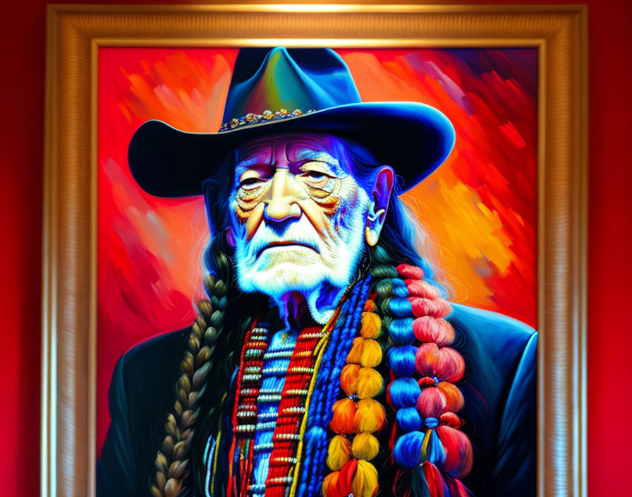Colorful portrait of a man with cowboy hat and braided hair on expressive background.