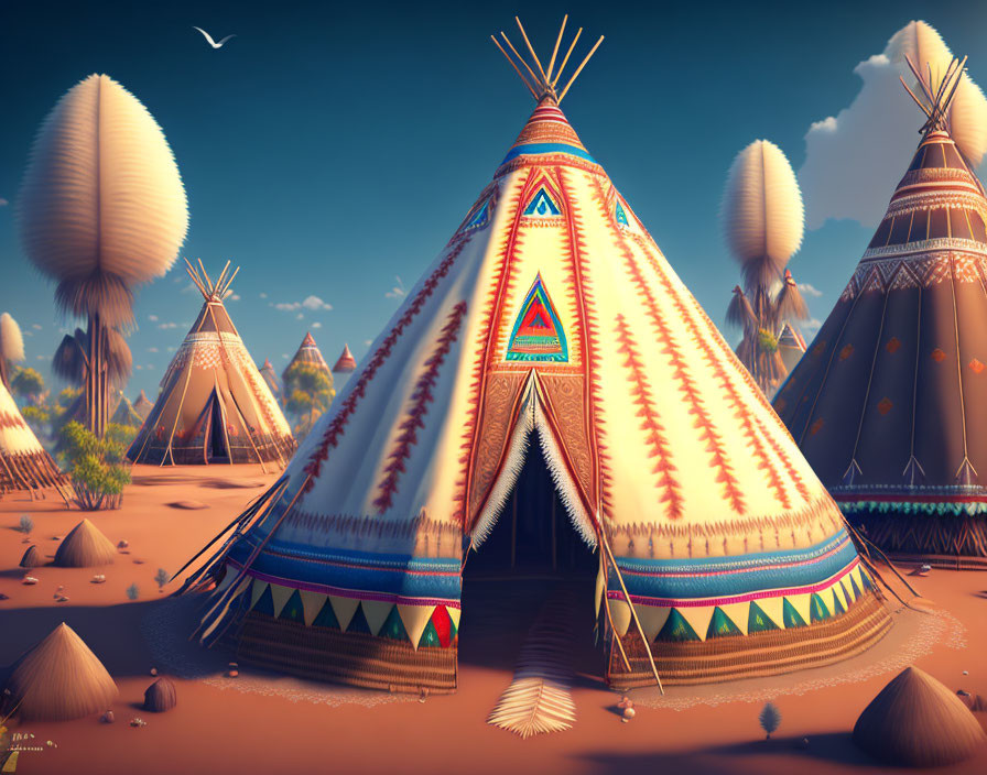 Vibrant teepees in desert landscape with blue sky and fluffy white plants