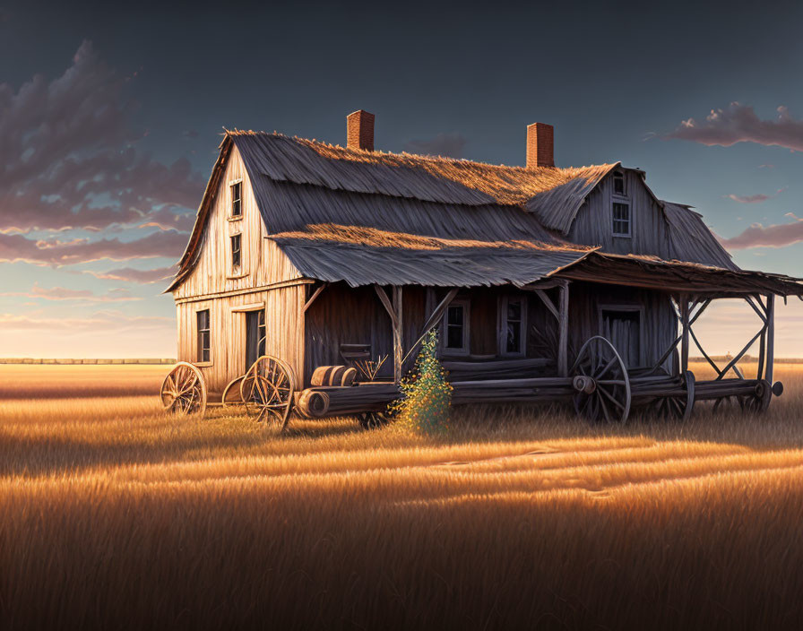 Rustic wooden farmhouse in golden field at sunset