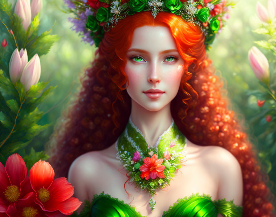 Woman with Red Hair and Green Eyes in Floral Crown and Necklace Among Lush Foliage