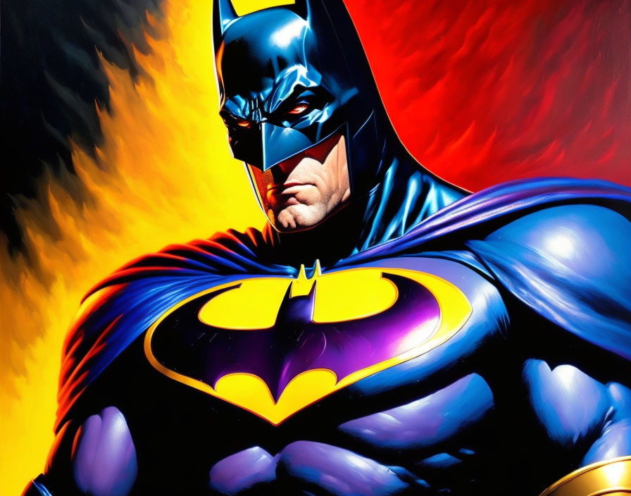 Batman Artwork: Clenched Jaw, Iconic Suit, Fiery Background