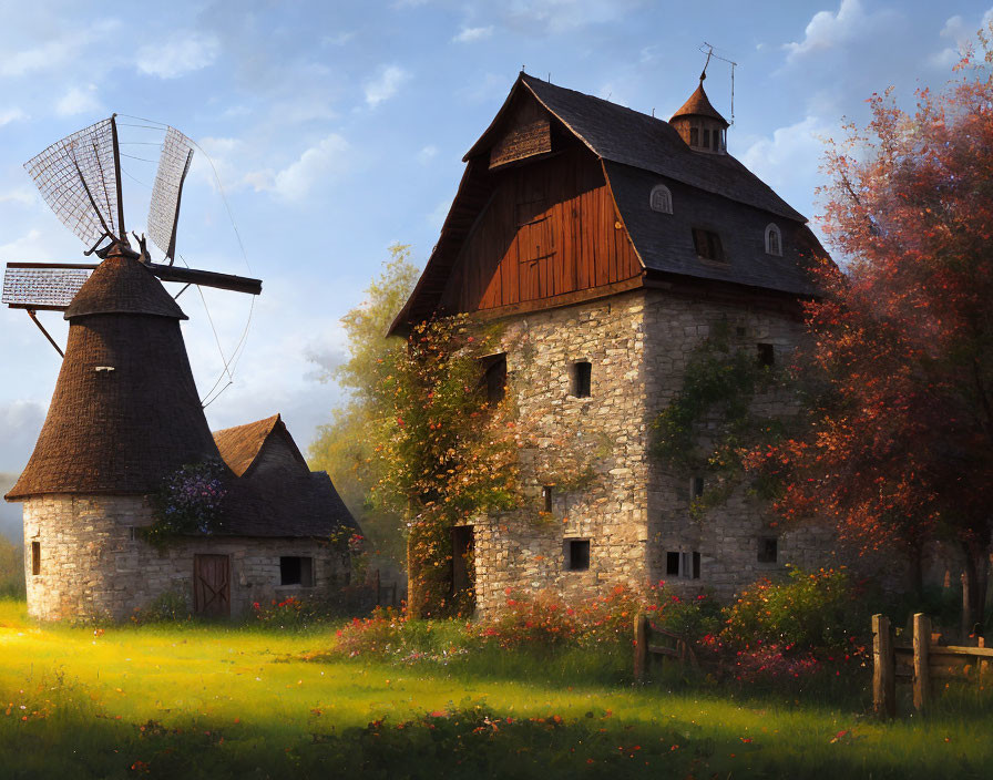 Tranquil countryside landscape with stone mill and windmill amid lush greenery