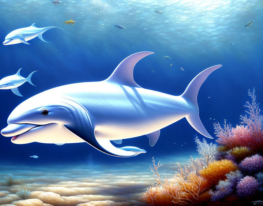 Smiling dolphin swimming with others in coral reef scene