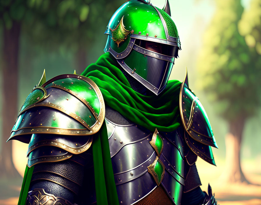 Knight in Green and Silver Armor Stands in Sunlit Forest
