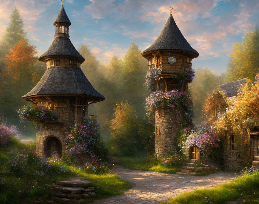 Stone towers with pointed roofs and blooming flowers in a sunlit forest glade