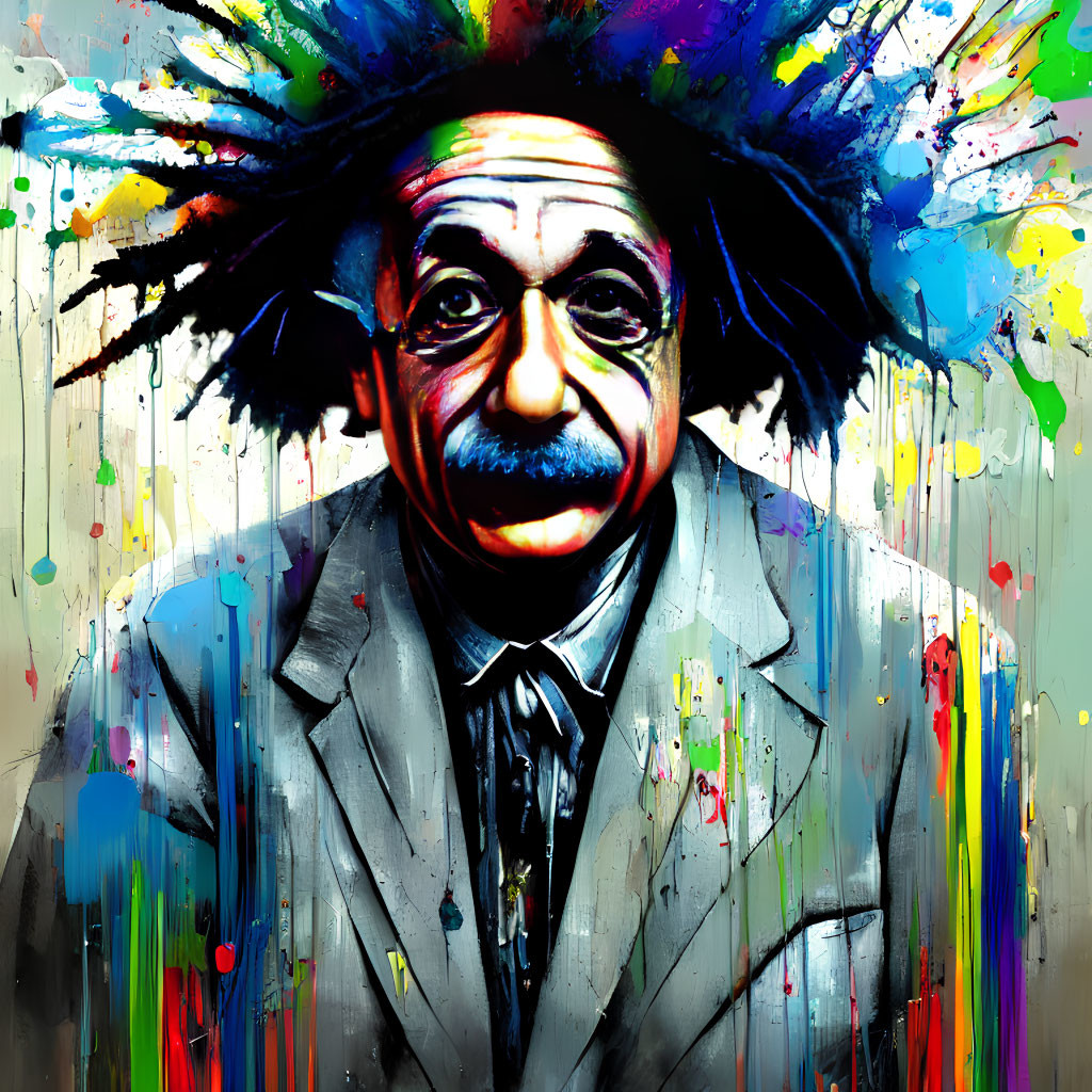 Colorful graffiti-style portrait of a man with wild hair and mustache in a suit.