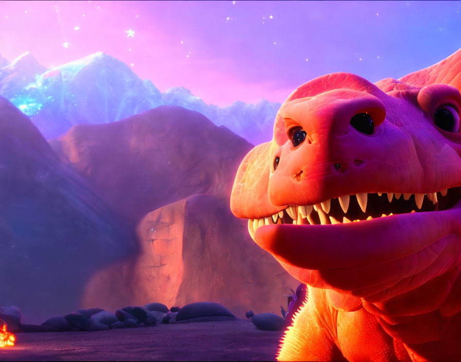 Orange Dinosaur Smiling in Mystical Purple Sky