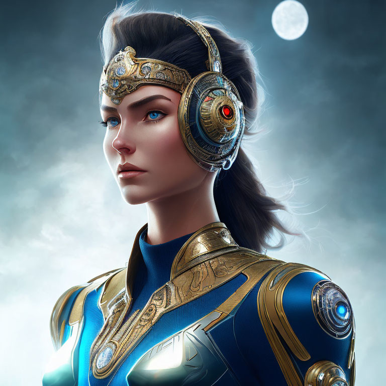 Futuristic warrior with cybernetic eye and ornate headgear under moonlit sky