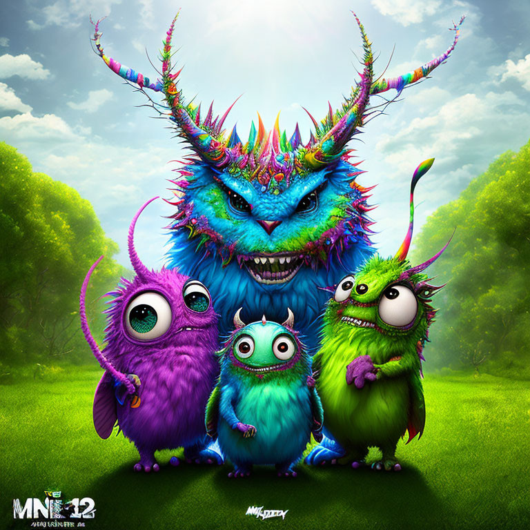 Colorful Monsters in Fantastical Meadow Scene