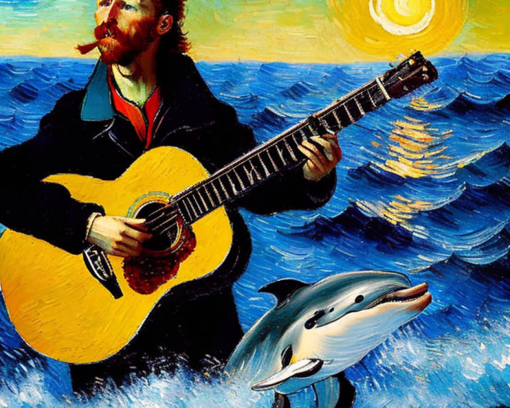 Stylized painting of bearded man playing guitar on boat with dolphin, vibrant starry sky and