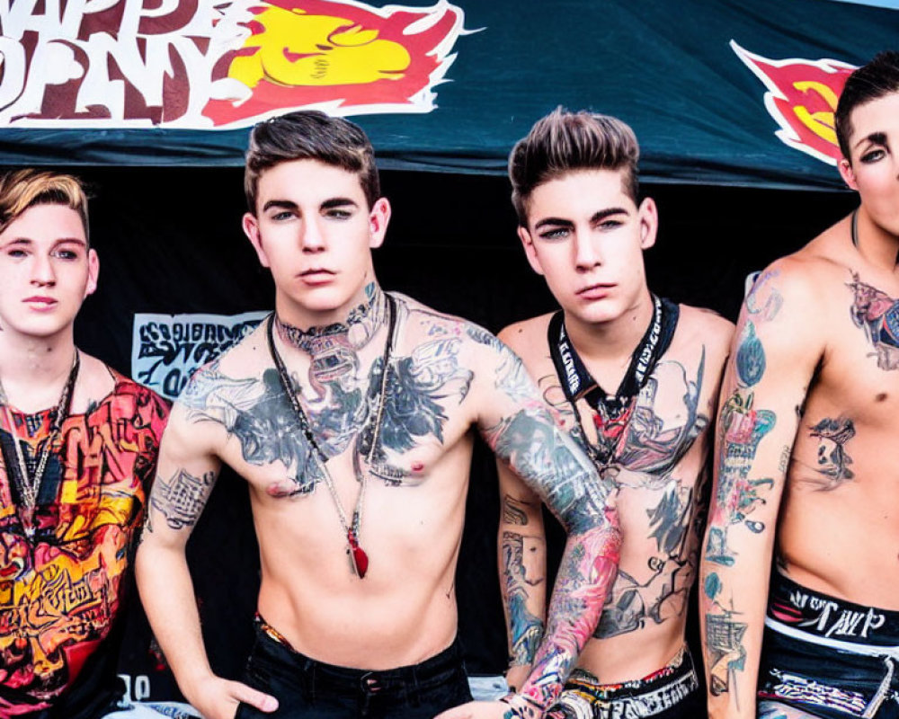 Trendy young men with tattoos posing near fire logo tent