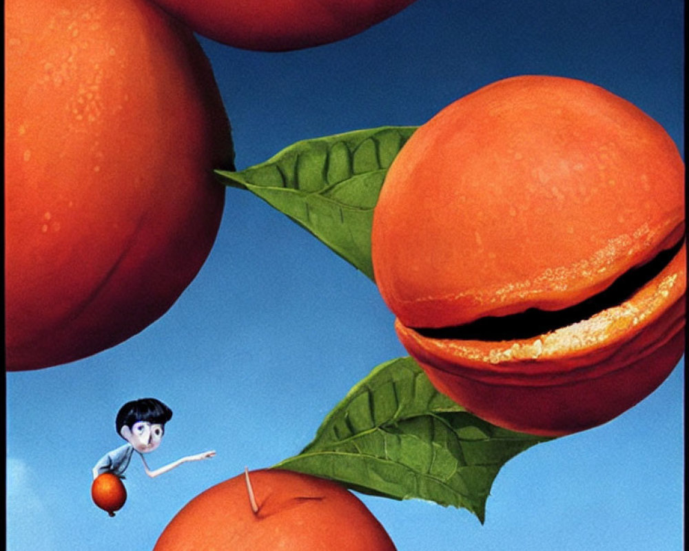 Floating apricots in blue sky with animated girl pointing at tiny fruit