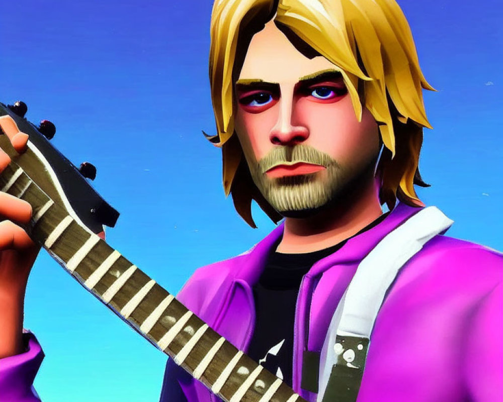 Blond-Haired Animated Character with Guitar in Purple Jacket