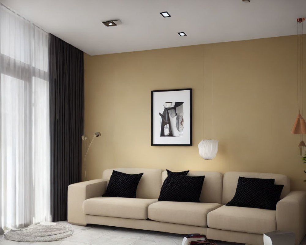 Contemporary living room with beige sofa, black cushions, large window, sheer curtains, and minimalist art