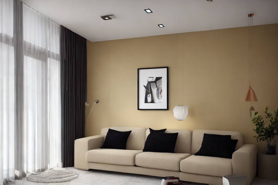 Contemporary living room with beige sofa, black cushions, large window, sheer curtains, and minimalist art