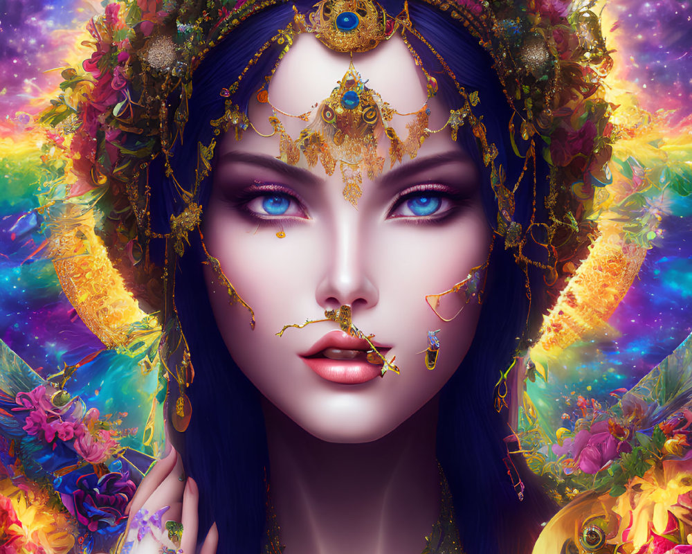 Colorful illustration of a woman with blue eyes, gold headdress, and floral background.