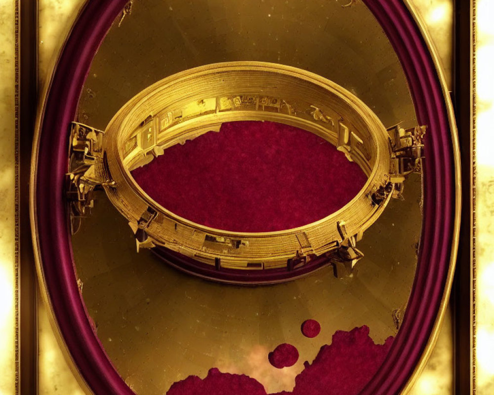 Vintage theater interior reflected in oval mirror with red velvet floor