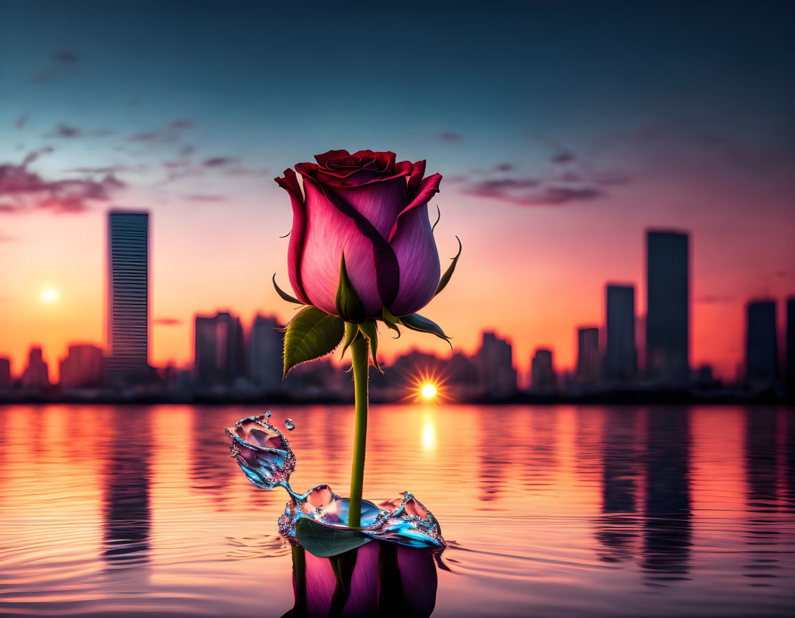 a rose on a Lilly pad in water with a city in the 