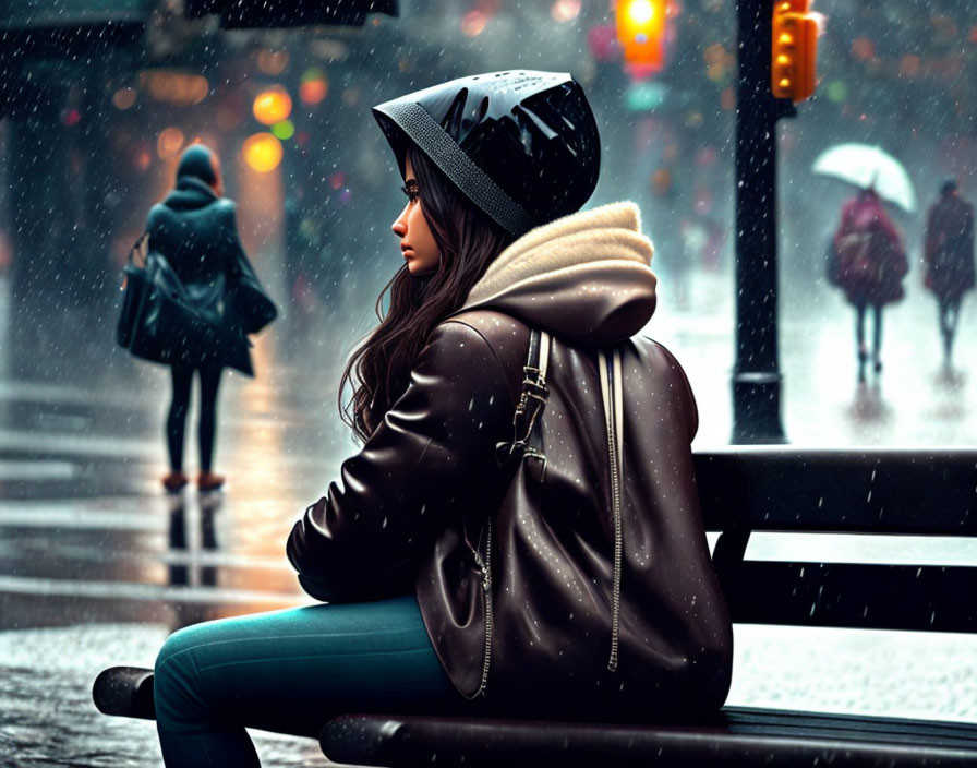 girl sitting on a bench in the rain in a city 