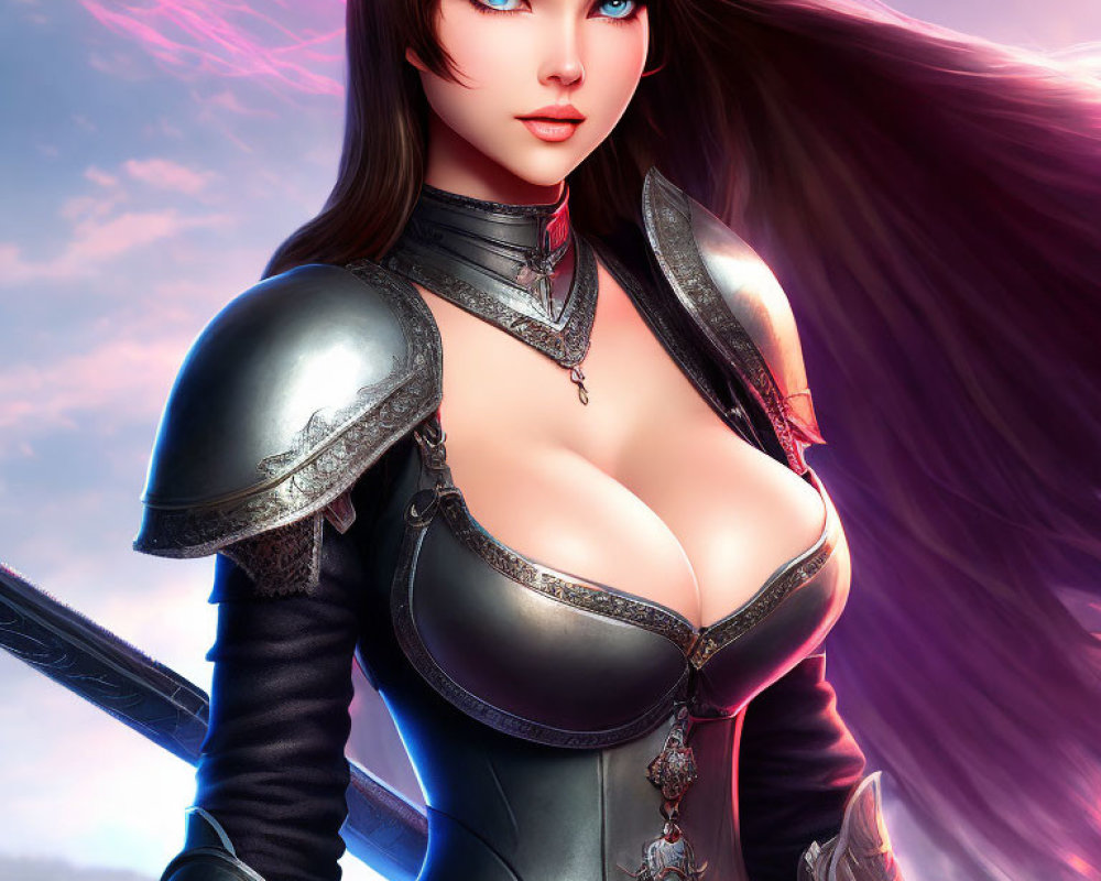 Brown-haired female warrior in detailed metal armor with blue eyes