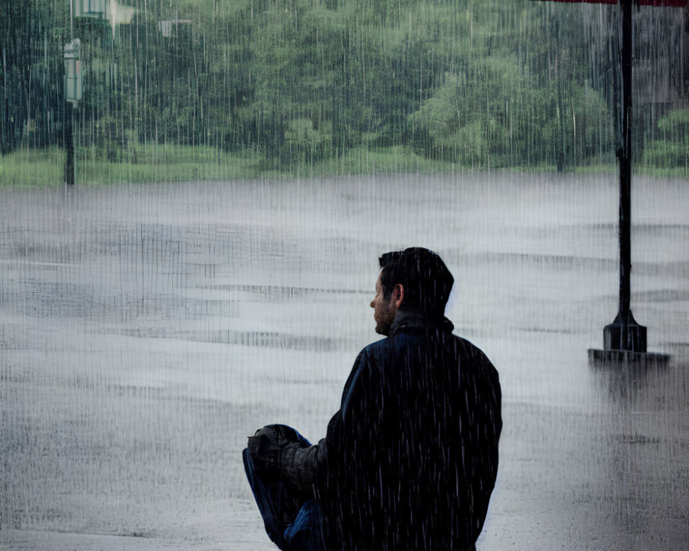 Person sitting in rain with umbrella in the background