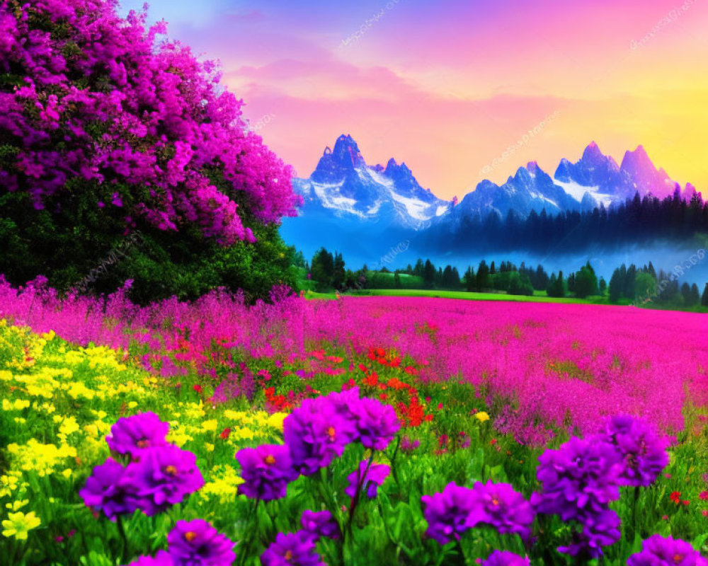 Colorful meadow with pink and yellow flowers, sunset sky, snow-capped mountains