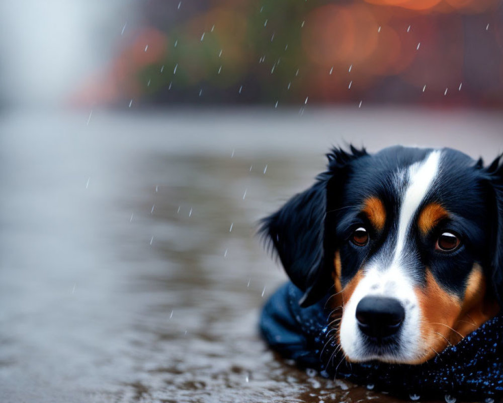 Black and Brown Dog with Sad Eyes Wearing Scarf in Rain