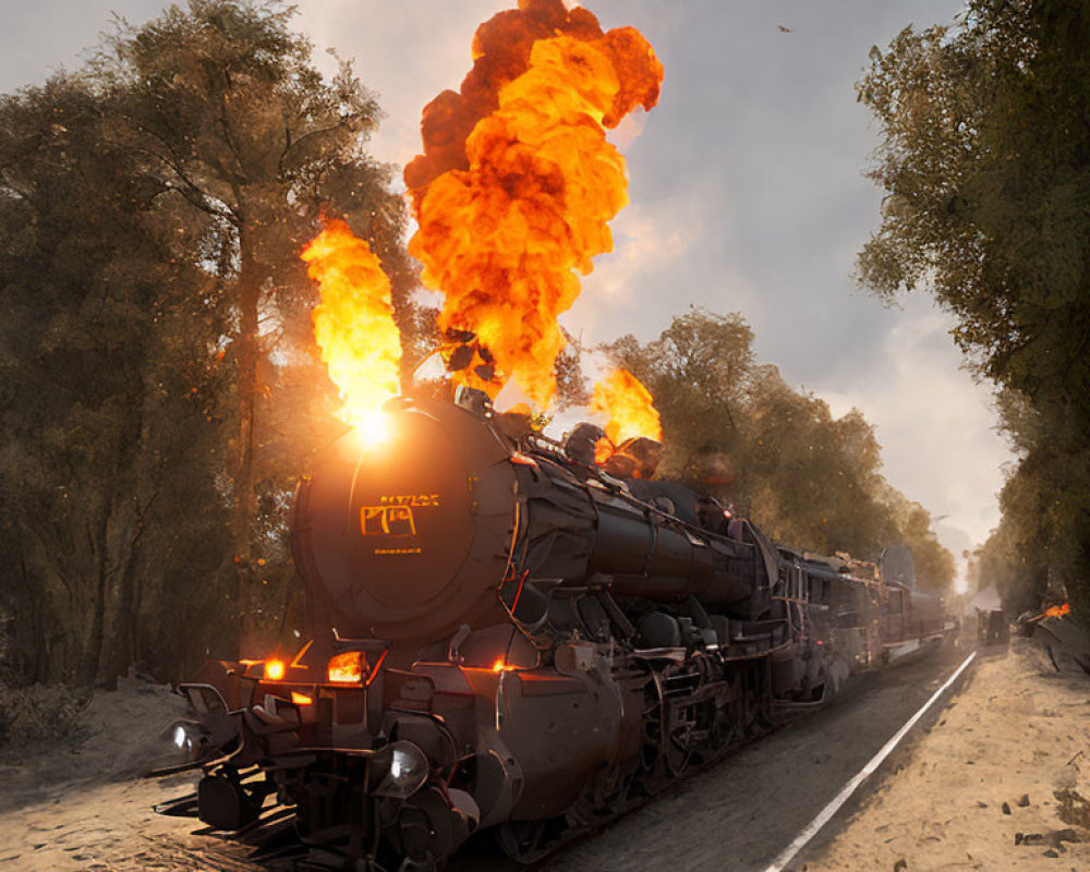 Vintage steam locomotive with intense flames and smoke on tree-lined track