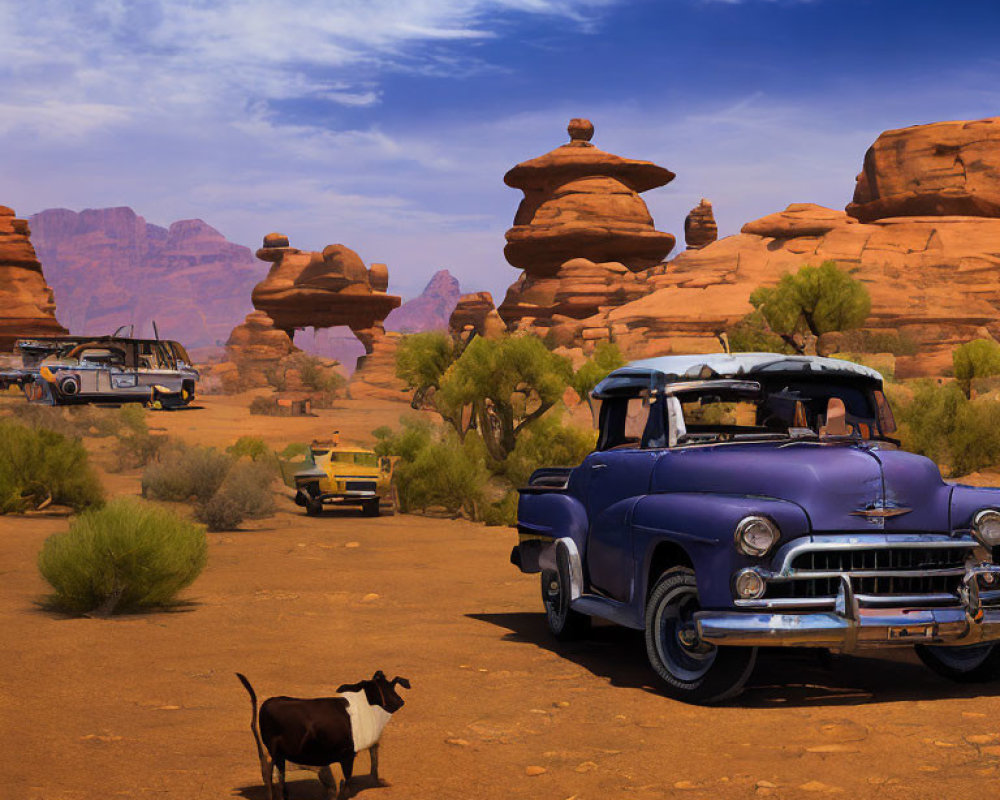 Dog near classic blue car on desert road with red rocks and vehicles.