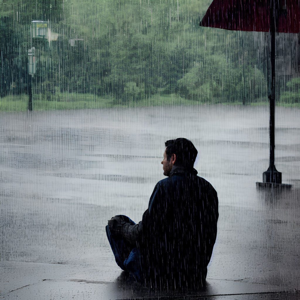 Person sitting in rain with umbrella in the background