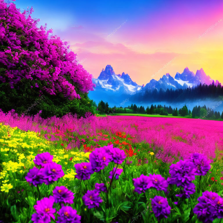 Colorful meadow with pink and yellow flowers, sunset sky, snow-capped mountains