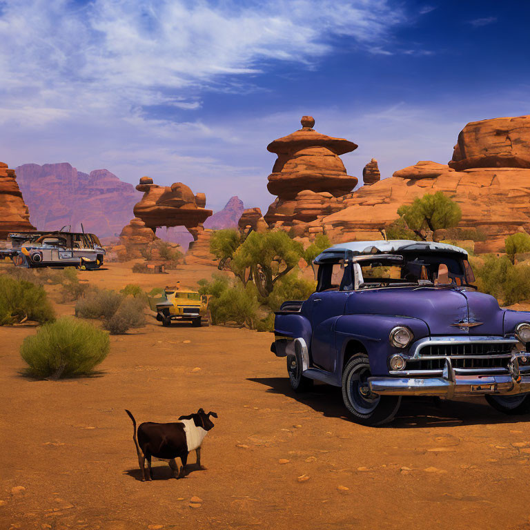 Dog near classic blue car on desert road with red rocks and vehicles.