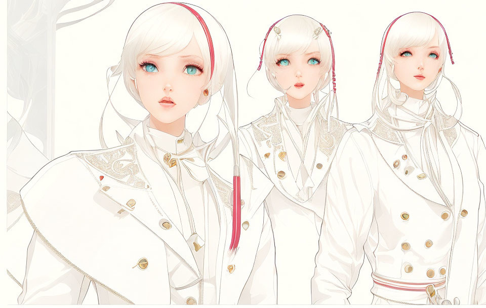 Three white-haired, blue-eyed character illustrations in ornate white attire with gold details.