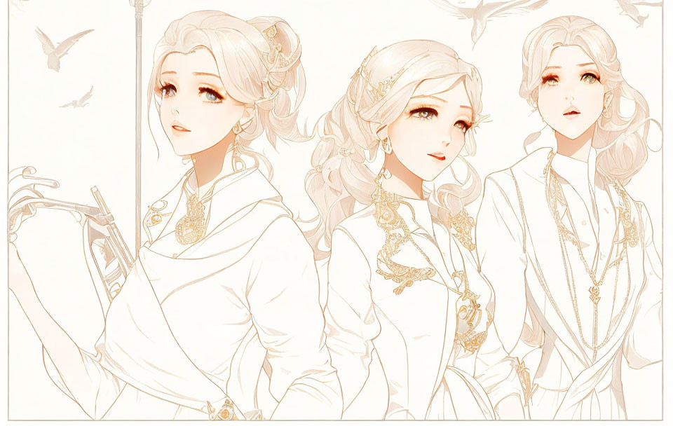 Stylized illustrations of a woman with various expressions and elegant accessories.
