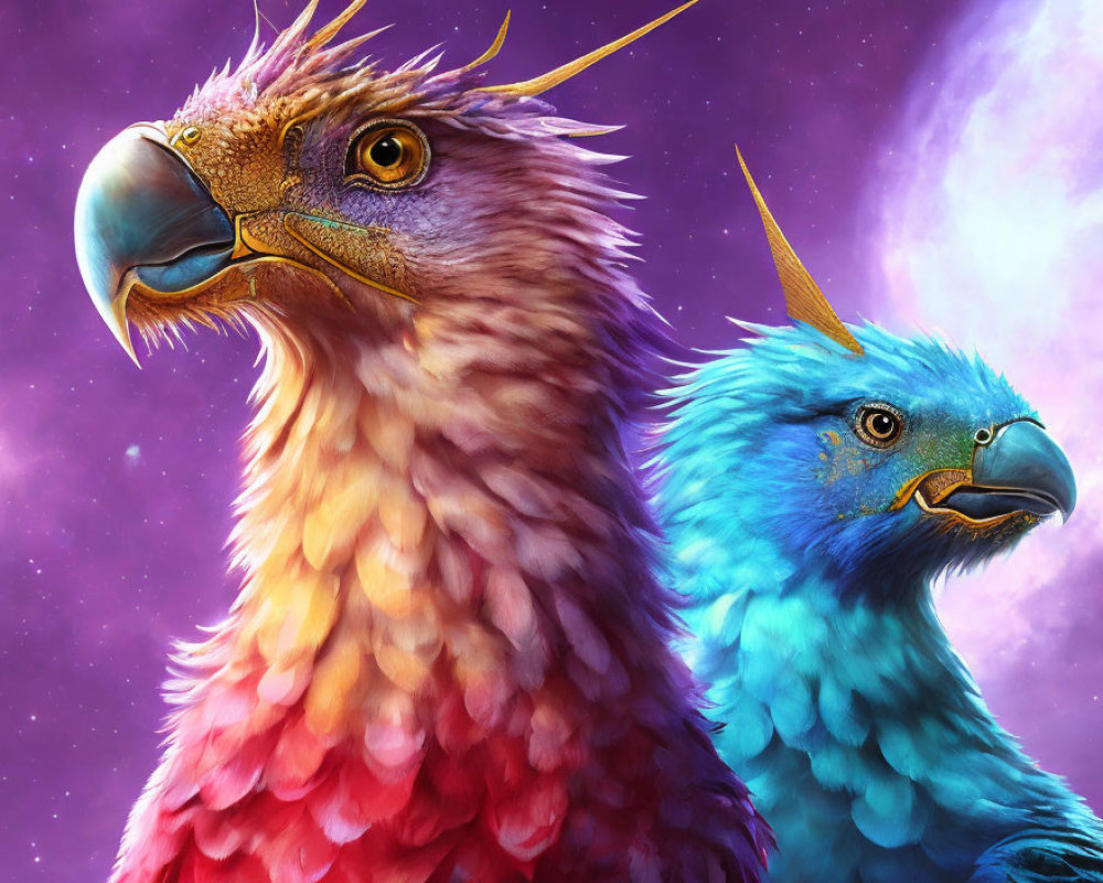 Colorful Eagle-Like Birds on Purple Starry Background