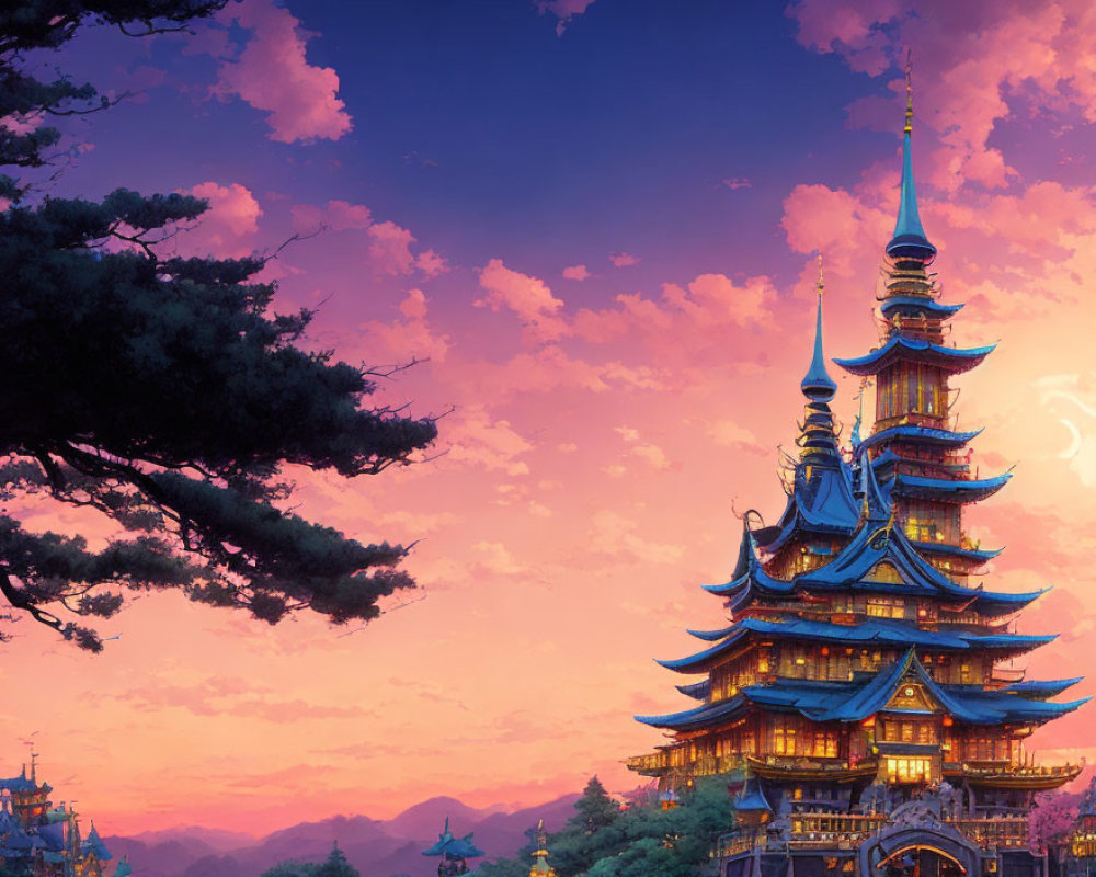 Intricate multi-tiered pagoda under vibrant purple sky