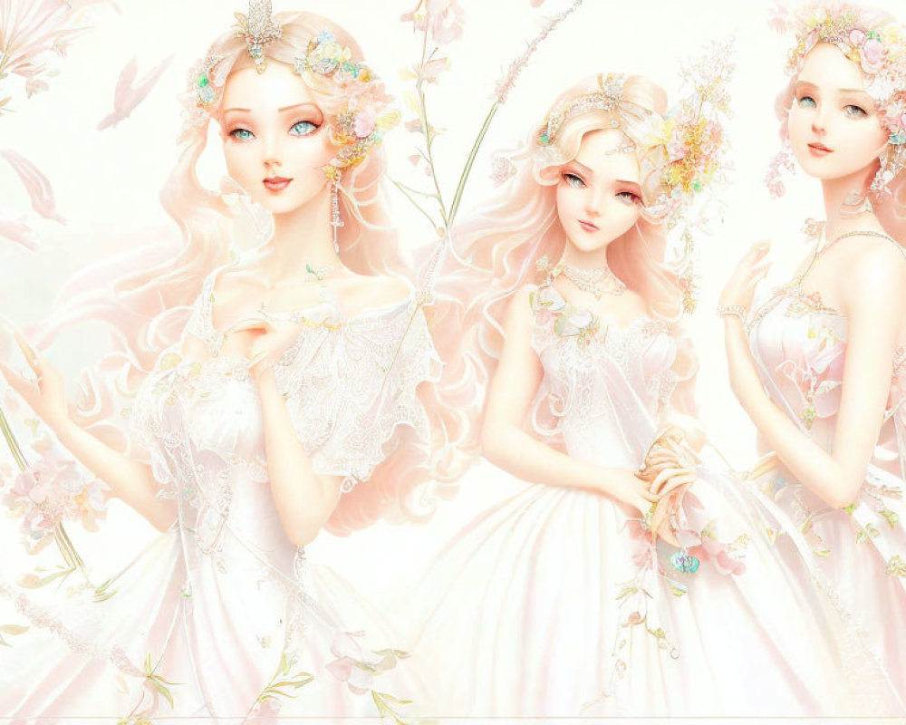Elegant animated female figures in floral headpieces and ethereal gowns among delicate flowers