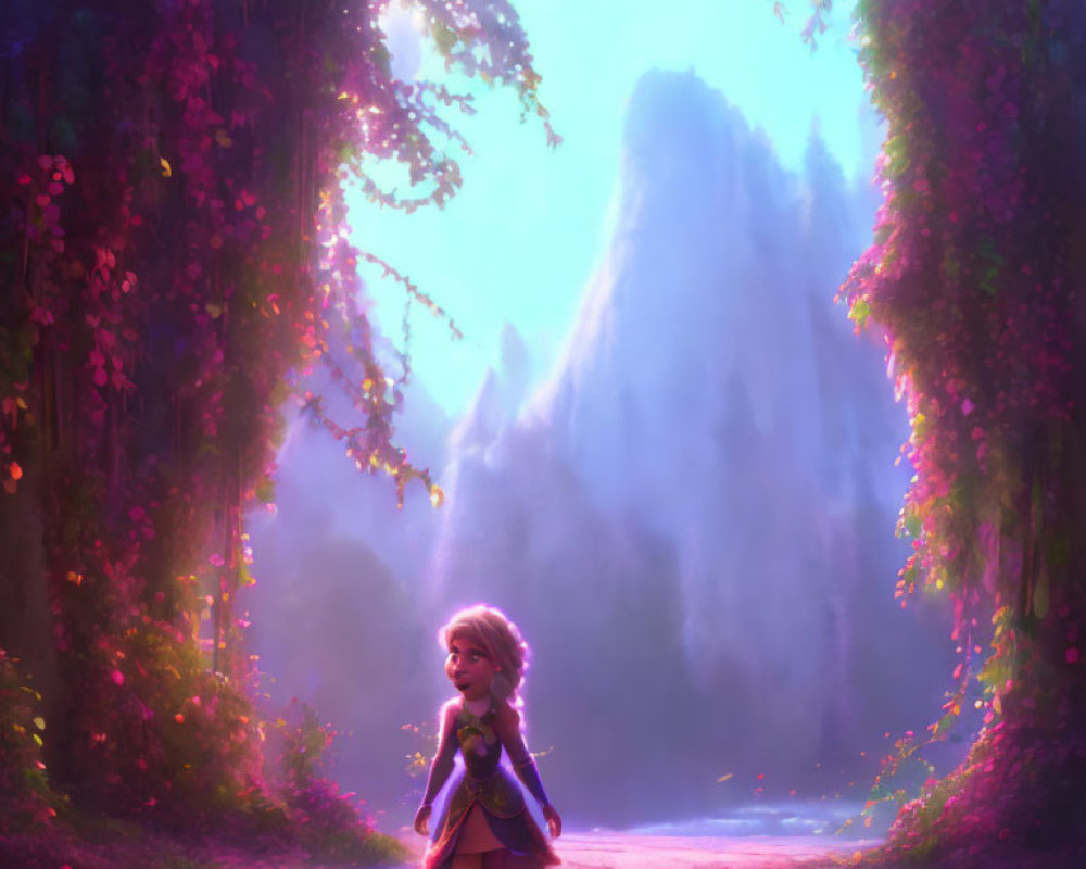 Whimsical animated girl in purple cape explores magical forest path