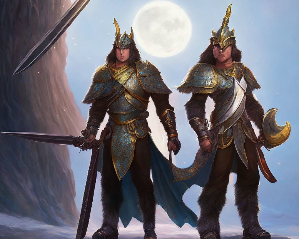 Armored fantasy warriors with swords under moonlit sky