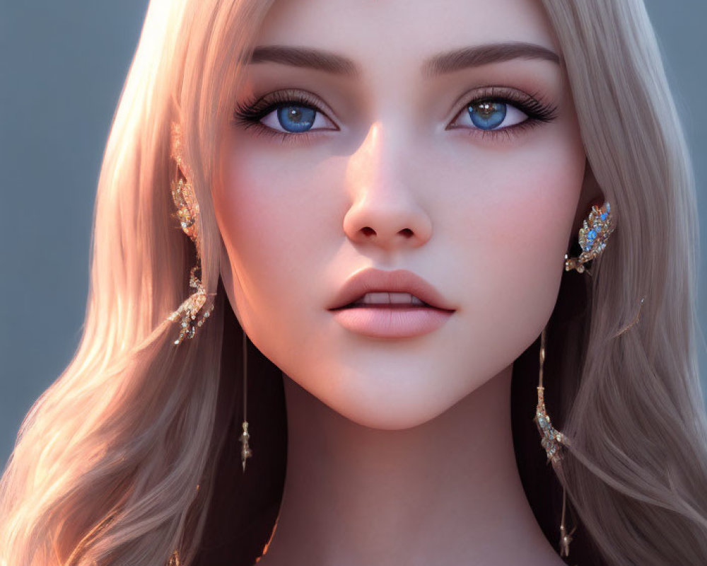Blonde woman with blue eyes in gold jewelry with blue gemstones