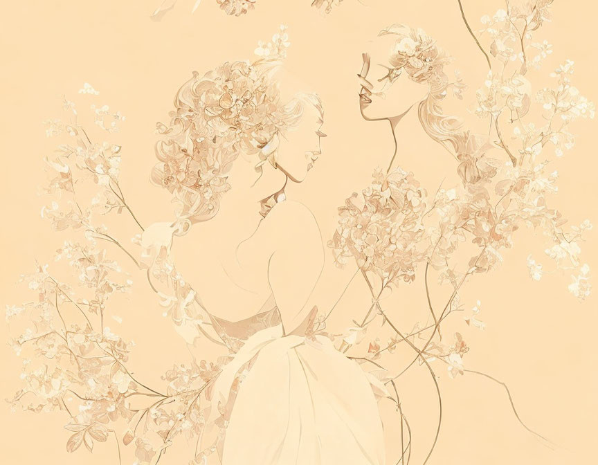 Monochromatic illustration of two women with floral hair adornments