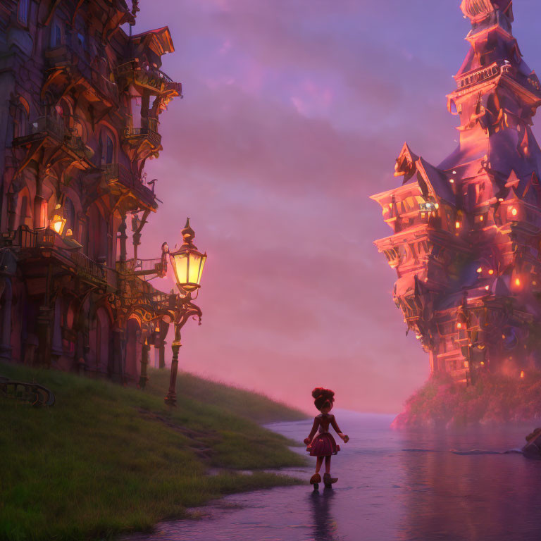 Young girl in red dress by river at dusk with whimsical towering houses in purple light