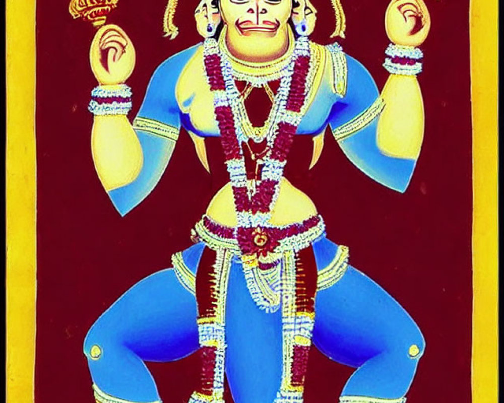 Traditional Indian art of blue-skinned figure with multiple arms in white and gold jewelry on yellow background