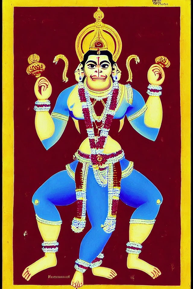 Traditional Indian art of blue-skinned figure with multiple arms in white and gold jewelry on yellow background