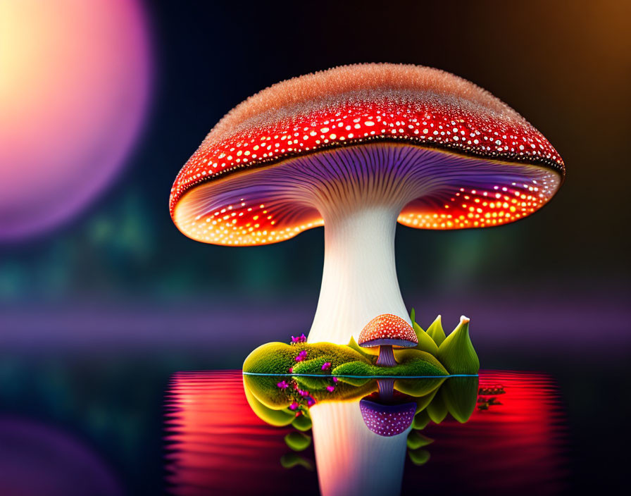 Colorful fantasy art: Large mushroom with red cap reflecting on water