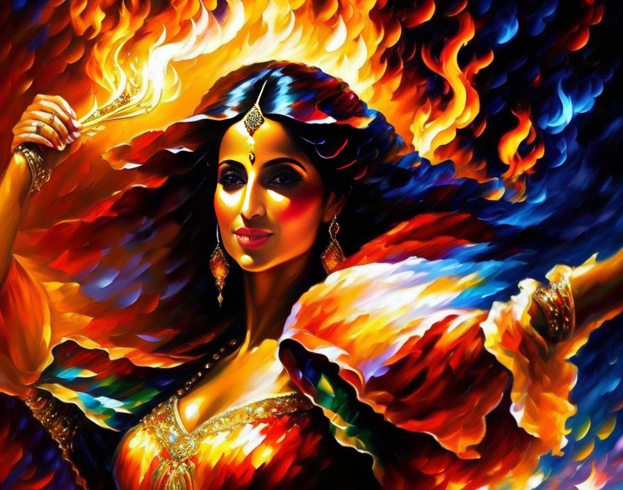 Colorful painting of woman in traditional attire with fiery backdrop and flame, emitting mystical aura