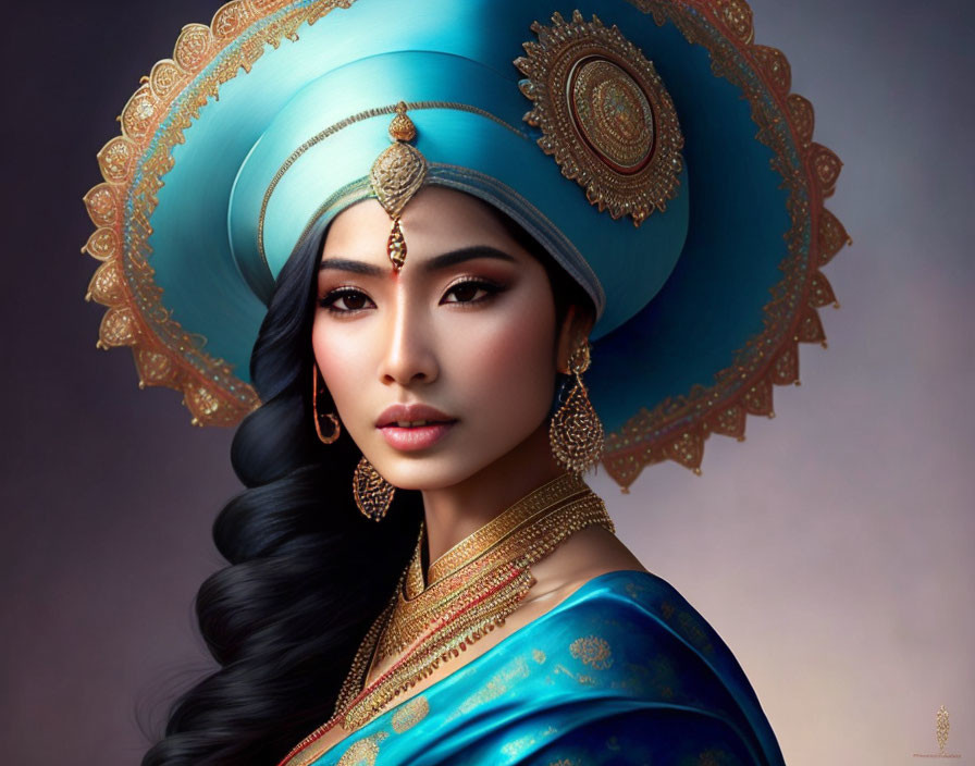 Traditional attire woman in vibrant blue headpiece and gold jewelry gazes elegantly.