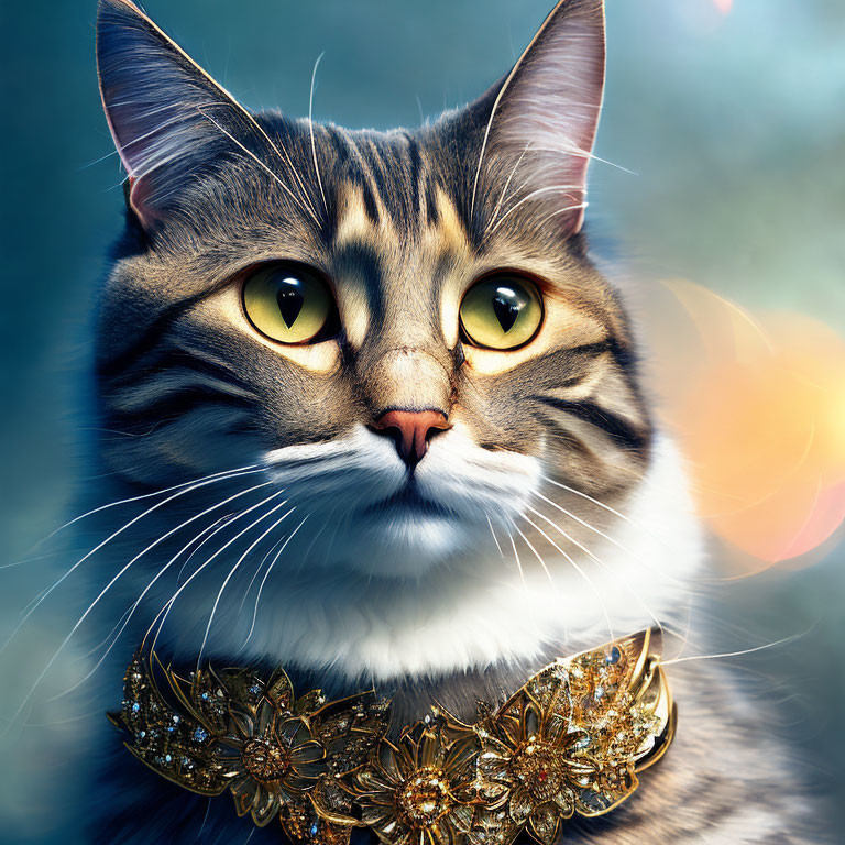 Regal Cat with Striking Yellow Eyes and Golden Collar