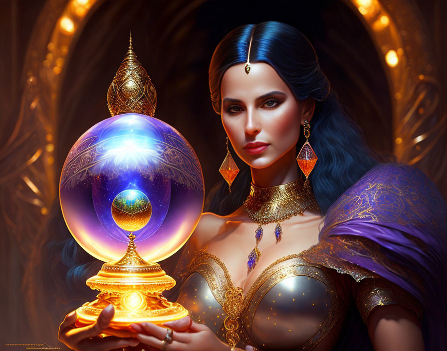 Mystical woman in golden and purple attire gazes at glowing cosmos orb